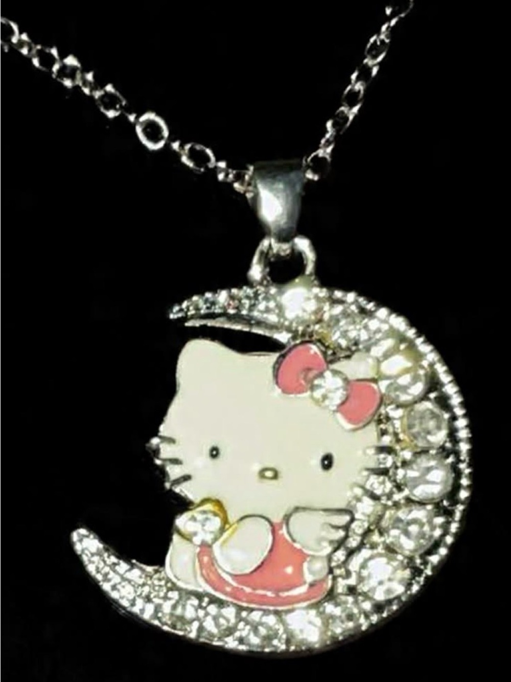 White and Pink Hello Kitty Moon Pendant Necklace